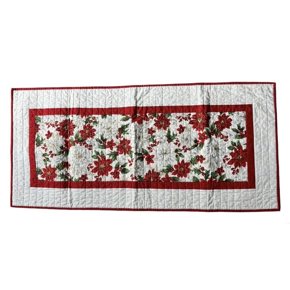 Christmas Table Runner Patchwork Handmade Quilted Holiday Poinsettia 39X18